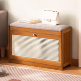 Double-Layer Bamboo Wooden Shoe Organizer Bench with Cushion Seat (70cm)