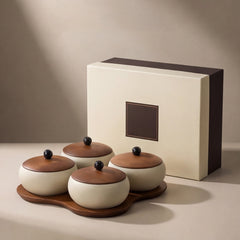Antique Wooden Snack Plate with Rough Pottery Bowls and Lids