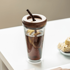 Double Layer Borosilicate Glass Straw Cup with Wooden Lid(500ml)