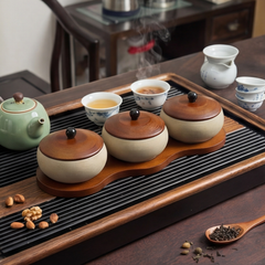 Antique Wooden Snack Plate with Rough Pottery Bowls and Lids