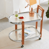 2-Tier Tempered Glass Rolling Cart with Wood Handle and Wheels