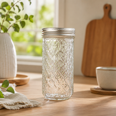 Diamond Pattern Glass Storage Jar with Airtight Lid(400ml)