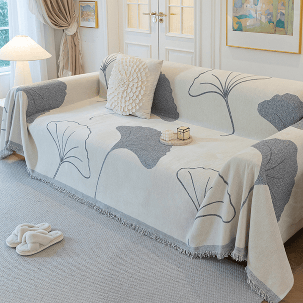 Ginkgo Leaf Print Grey Elegance Chenille Sofa Cover :EM-SC-29 Style-4
