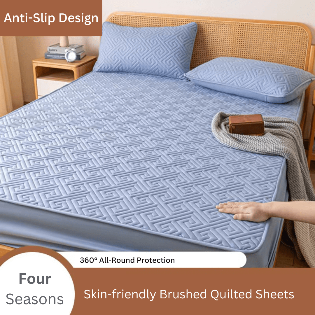 Feather Touch Quilted Bed Sheets With 2-Pillow Covers (Blue)