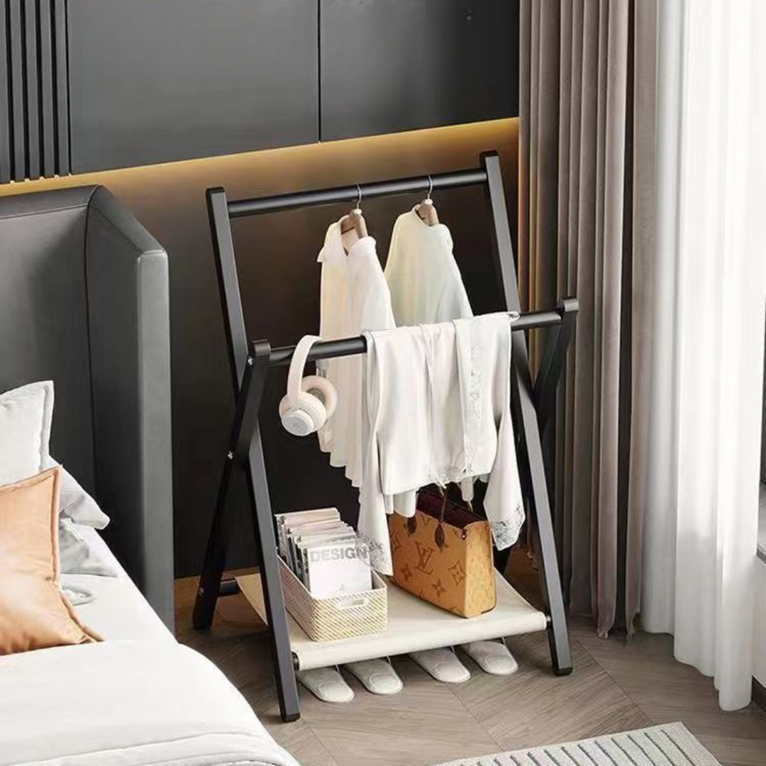 Foldable Floor Standing Clothes Rack With Shelf