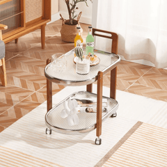 2-Tier Tempered Glass Rolling Cart with Wood Handle and Wheels