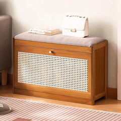 Double-Layer Bamboo Wooden Shoe Organizer Bench with Cushion Seat (70cm)