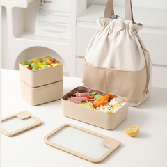304 Stainless Steel Double Layer Lunch Box with Glass Lid and Bag