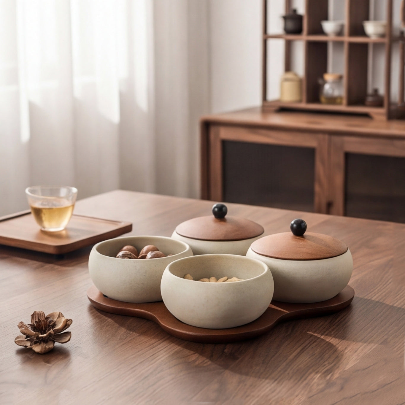 Antique Wooden Snack Plate with Rough Pottery Bowls and Lids