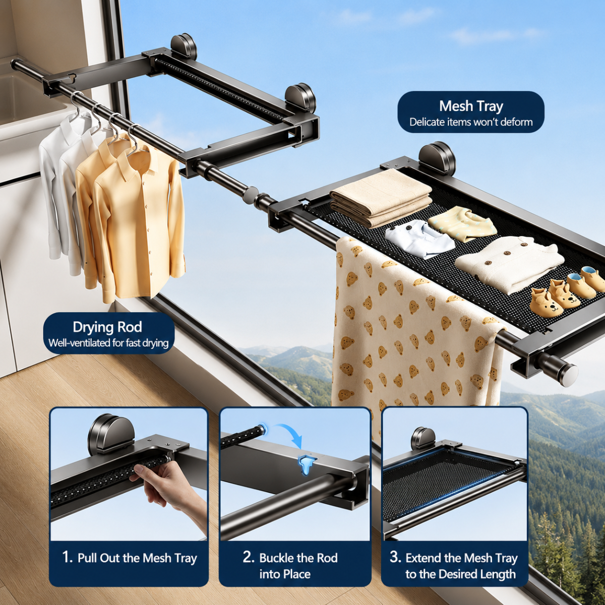 Foldable Suction Cup Clothes Drying Rack with Telescopic Rod