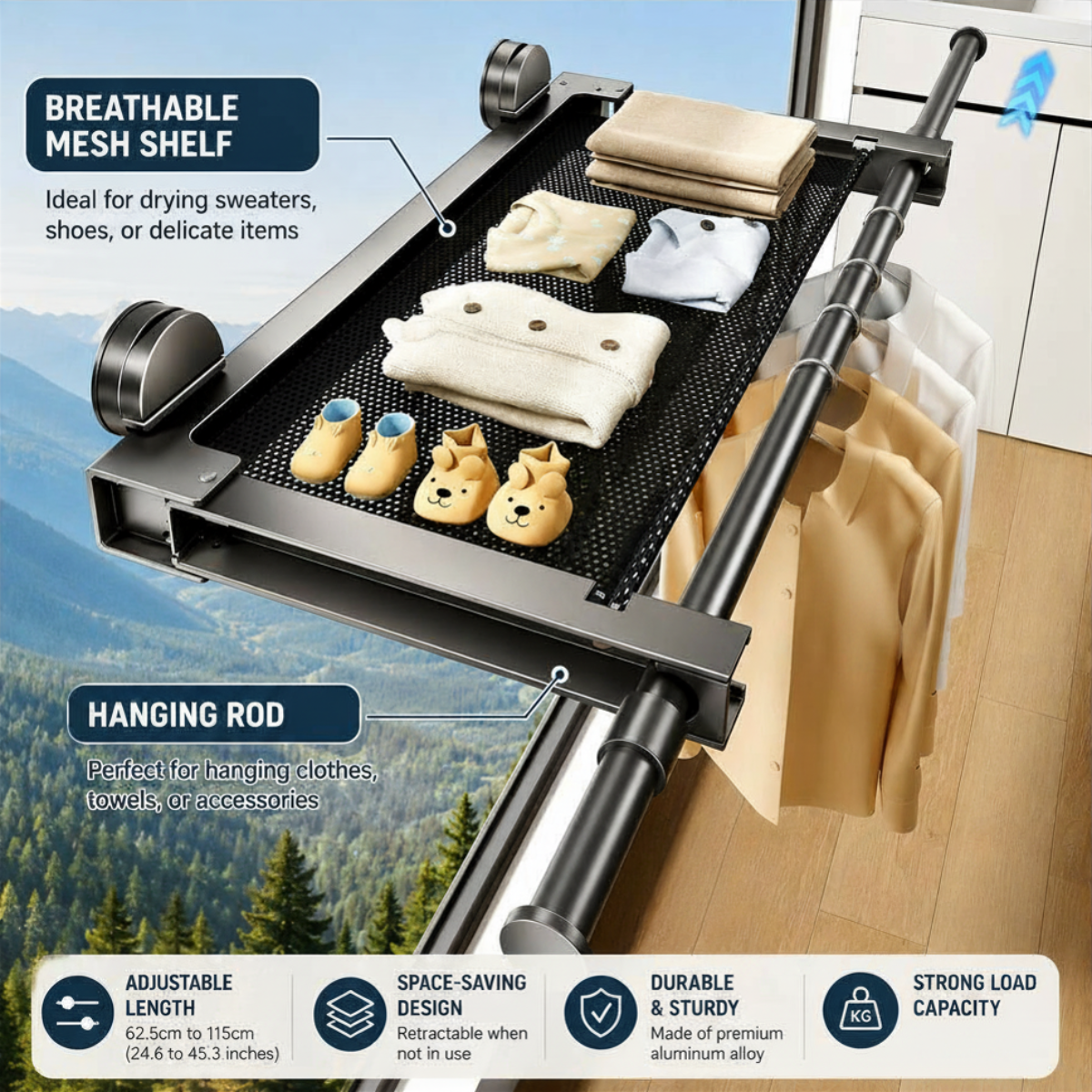 Foldable Suction Cup Clothes Drying Rack with Telescopic Rod