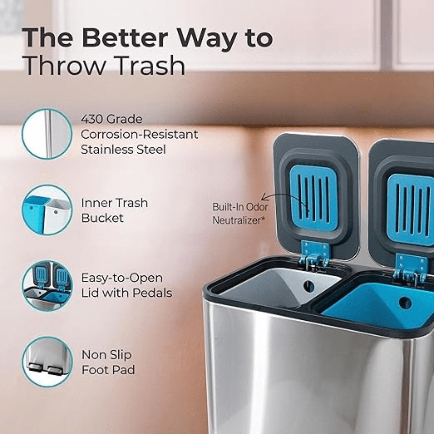 Dual Step Stainless Steel Trash Can (18L)