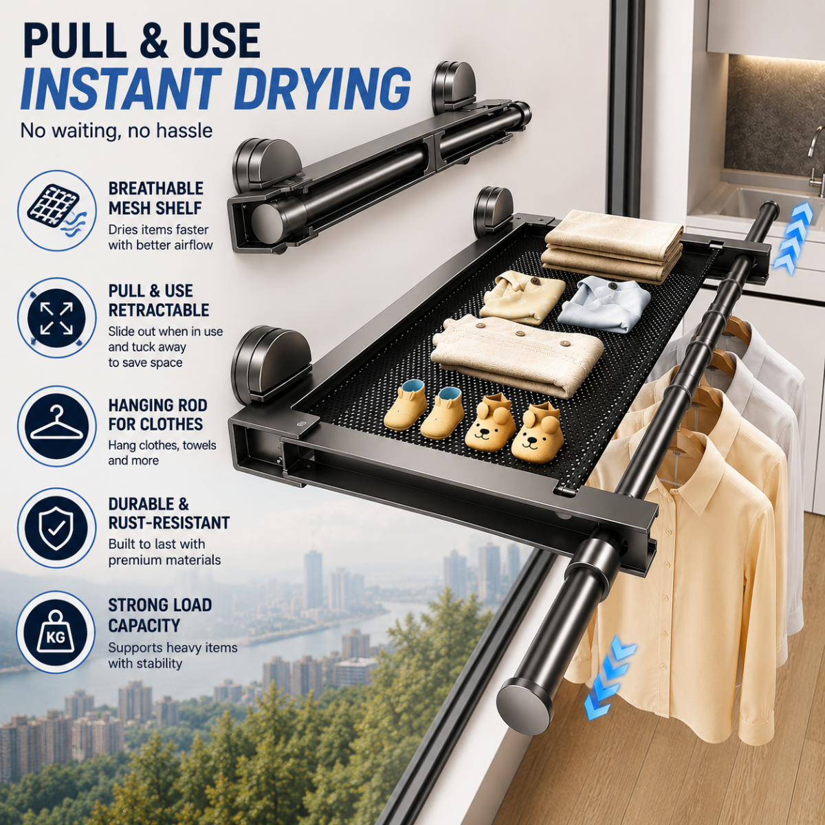 Foldable Suction Cup Clothes Drying Rack with Telescopic Rod
