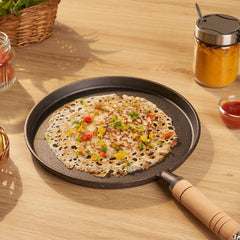 Cast Iron Non-Stick Tawa with Wooden Handle (23 cm)