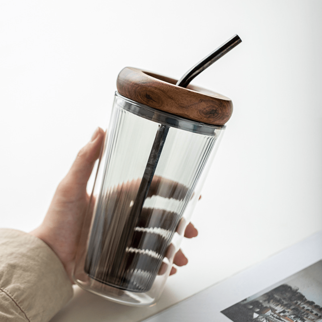 Double Layer Borosilicate Glass Straw Cup with Wooden Lid(500ml)