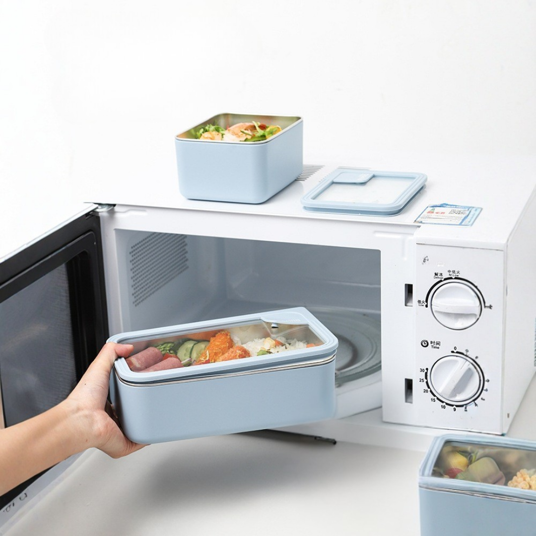 304 Stainless Steel Double Layer Lunch Box with Glass Lid and Bag