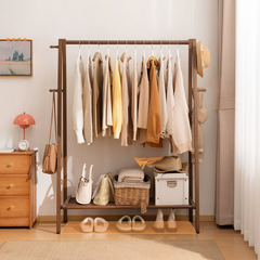 Foldable Bamboo Floor Standing Clothes Rack With Storage Shelves
