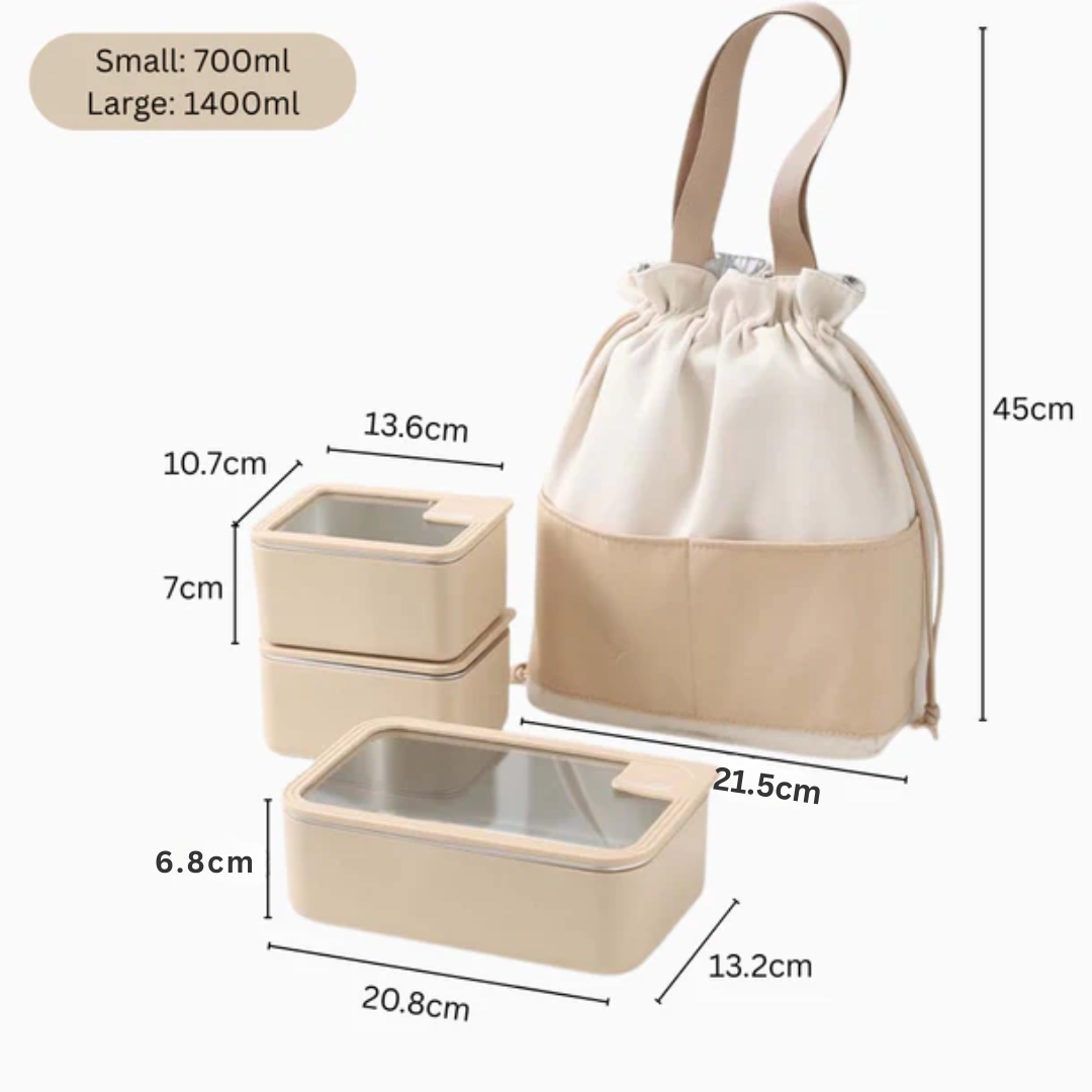 304 Stainless Steel Double Layer Lunch Box with Glass Lid and Bag