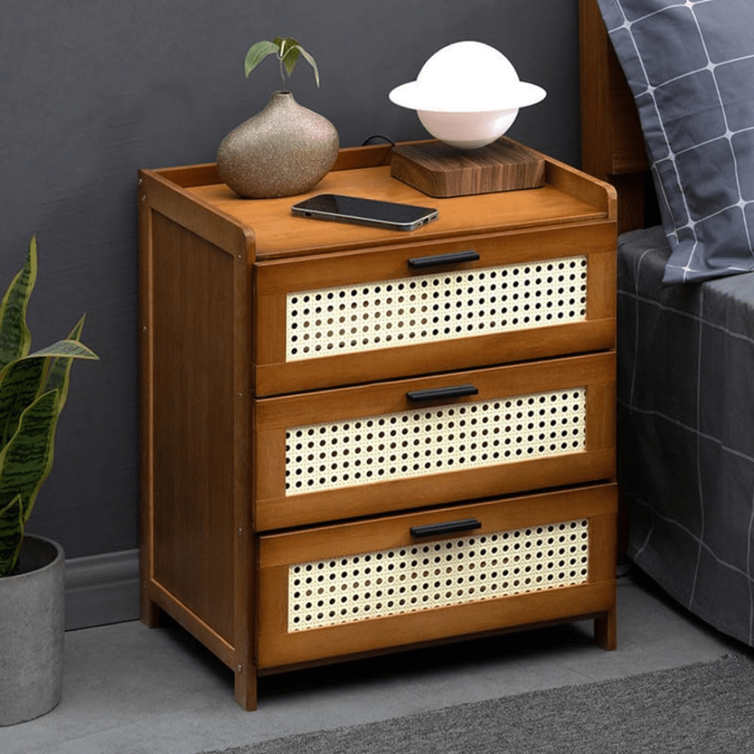 Bamboo Wood Bedside Table with Sliding Drawer & Rattan Cabinet (42cm)