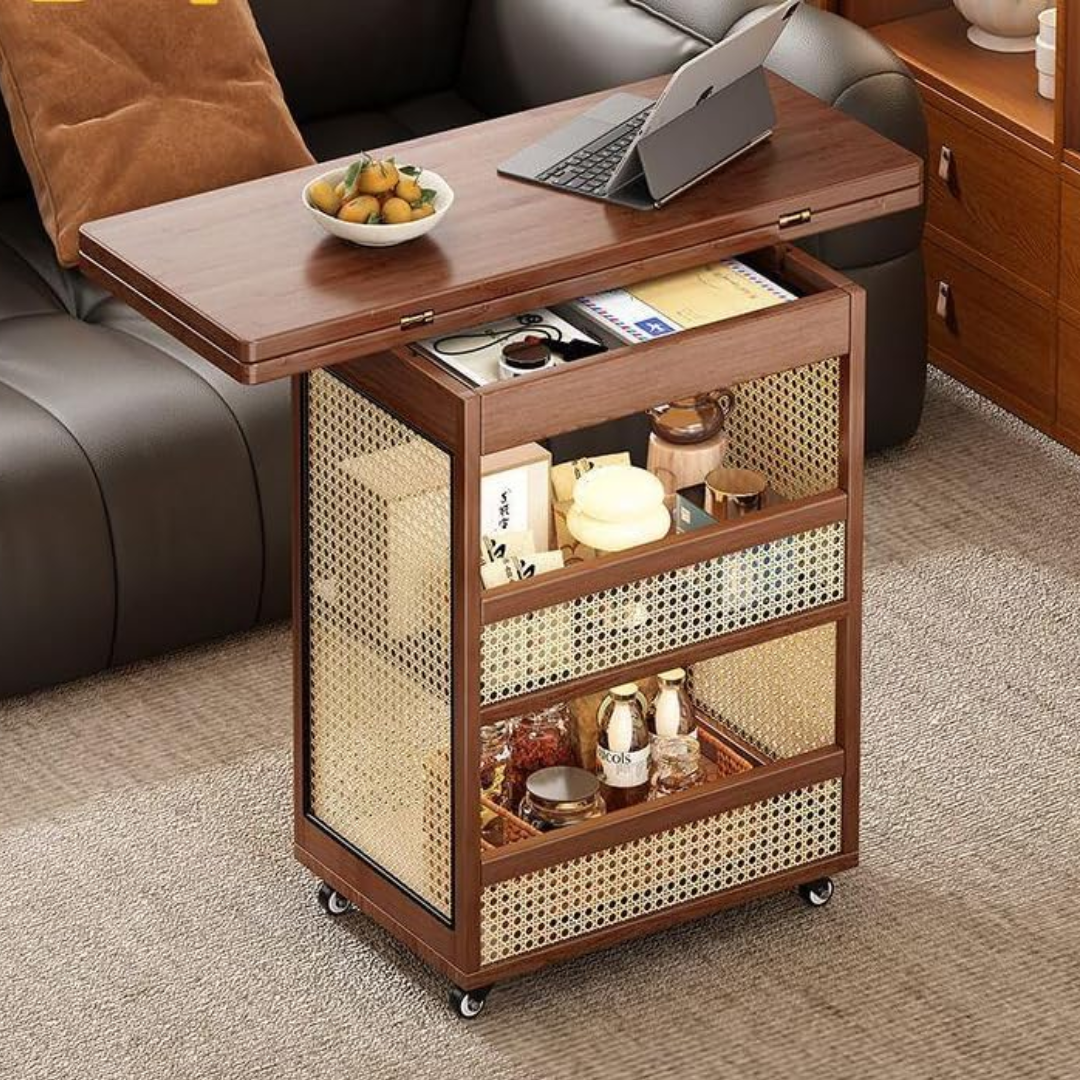 Foldable Rattan Stye Wooden Table With Storage Shelves