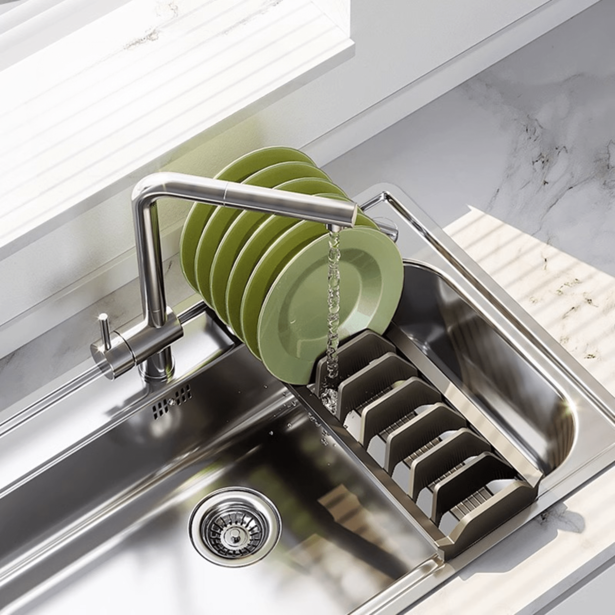 Adjustable Kitchen Drawer Dish Drying Rack with Drain Tray