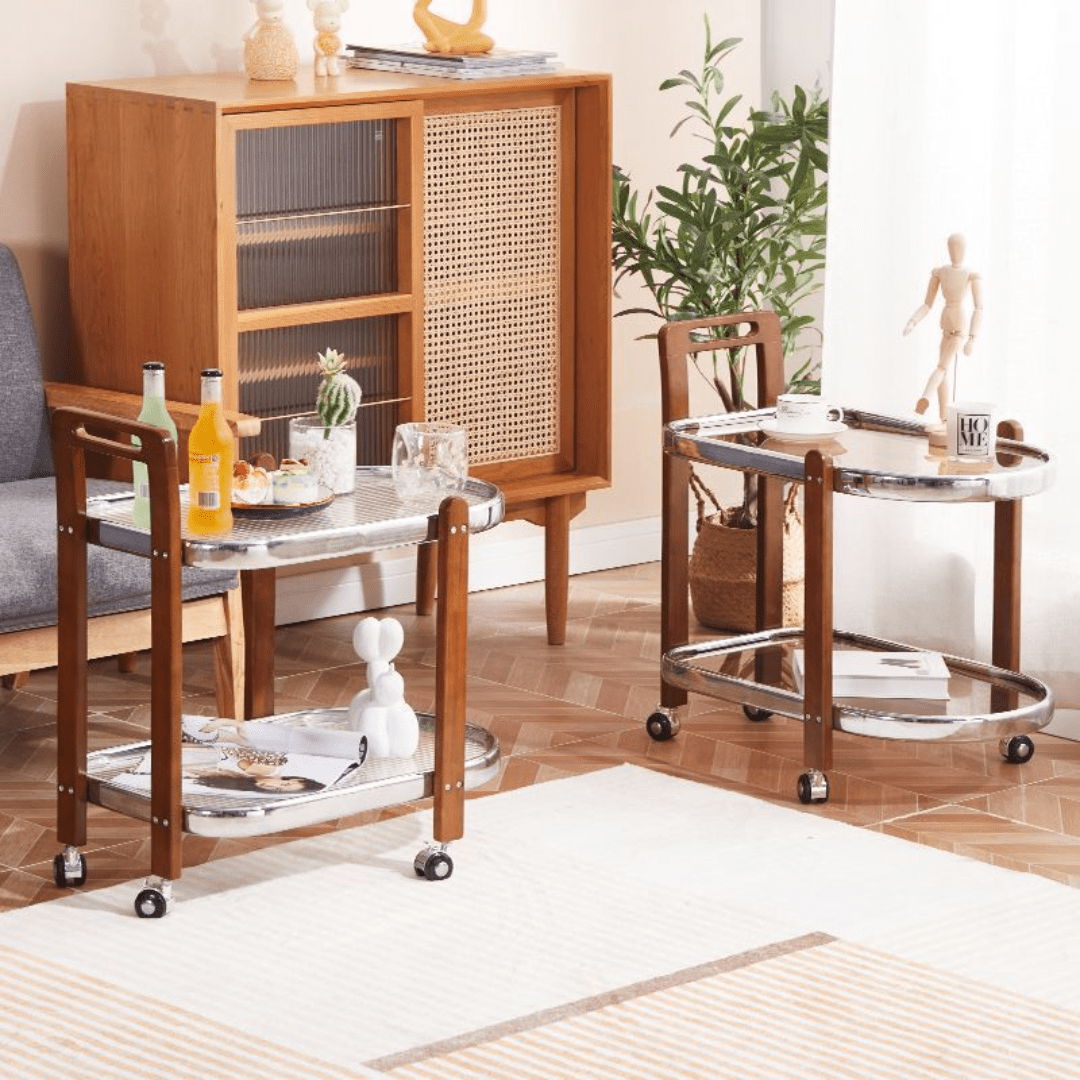 2-Tier Tempered Glass Rolling Cart with Wood Handle and Wheels