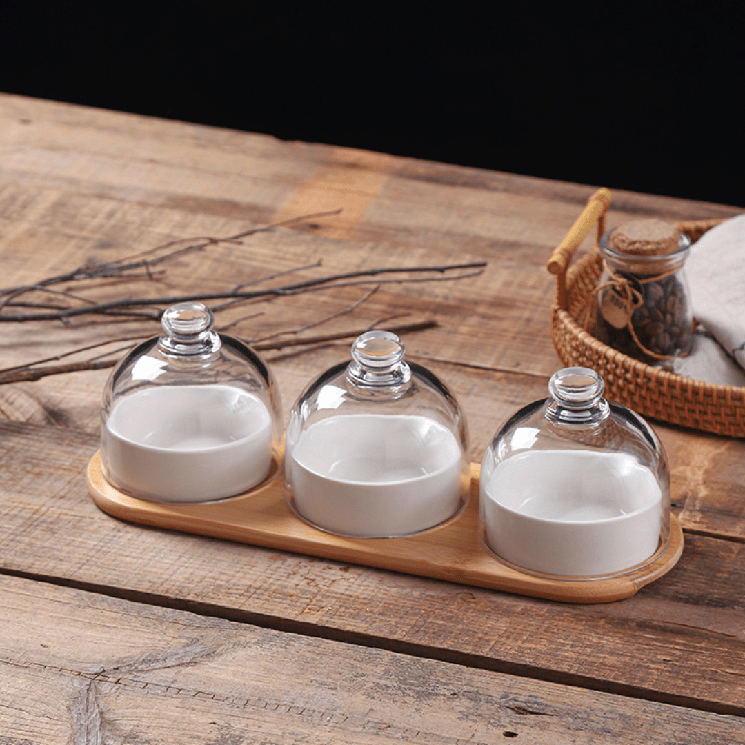Elegant Ceramic Bowl Set with Glass Lid and Bamboo Tray