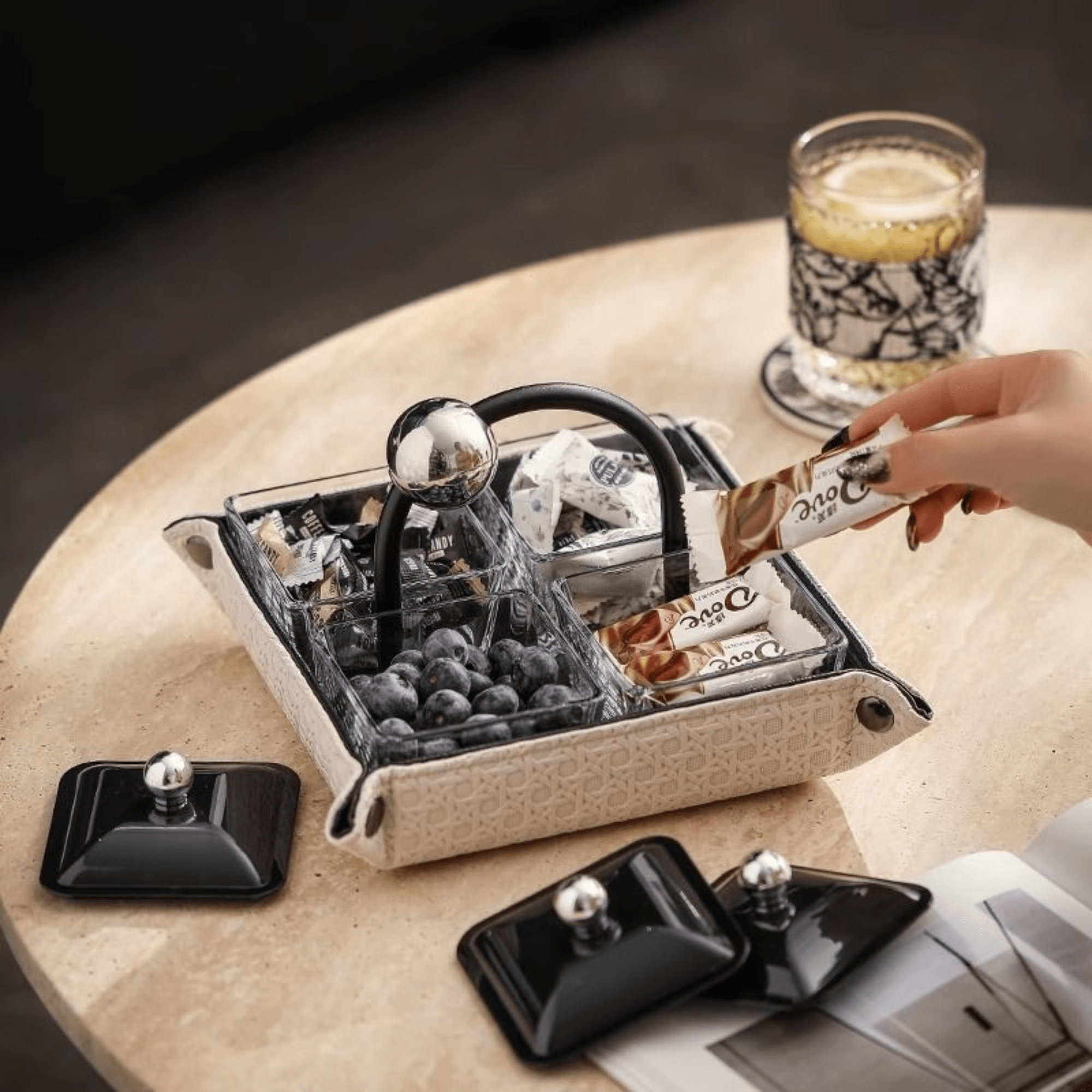 Elegant Multi-Section Snack Organizer with Handle and Lid