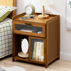 Bamboo Wood Bedside Table with Sliding Drawer & Rattan Cabinet (42cm)