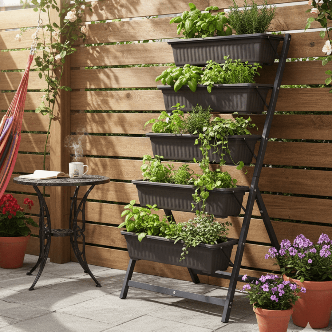 Five Layer Iron Vertical Plant Stand with Plastic Flower Pots