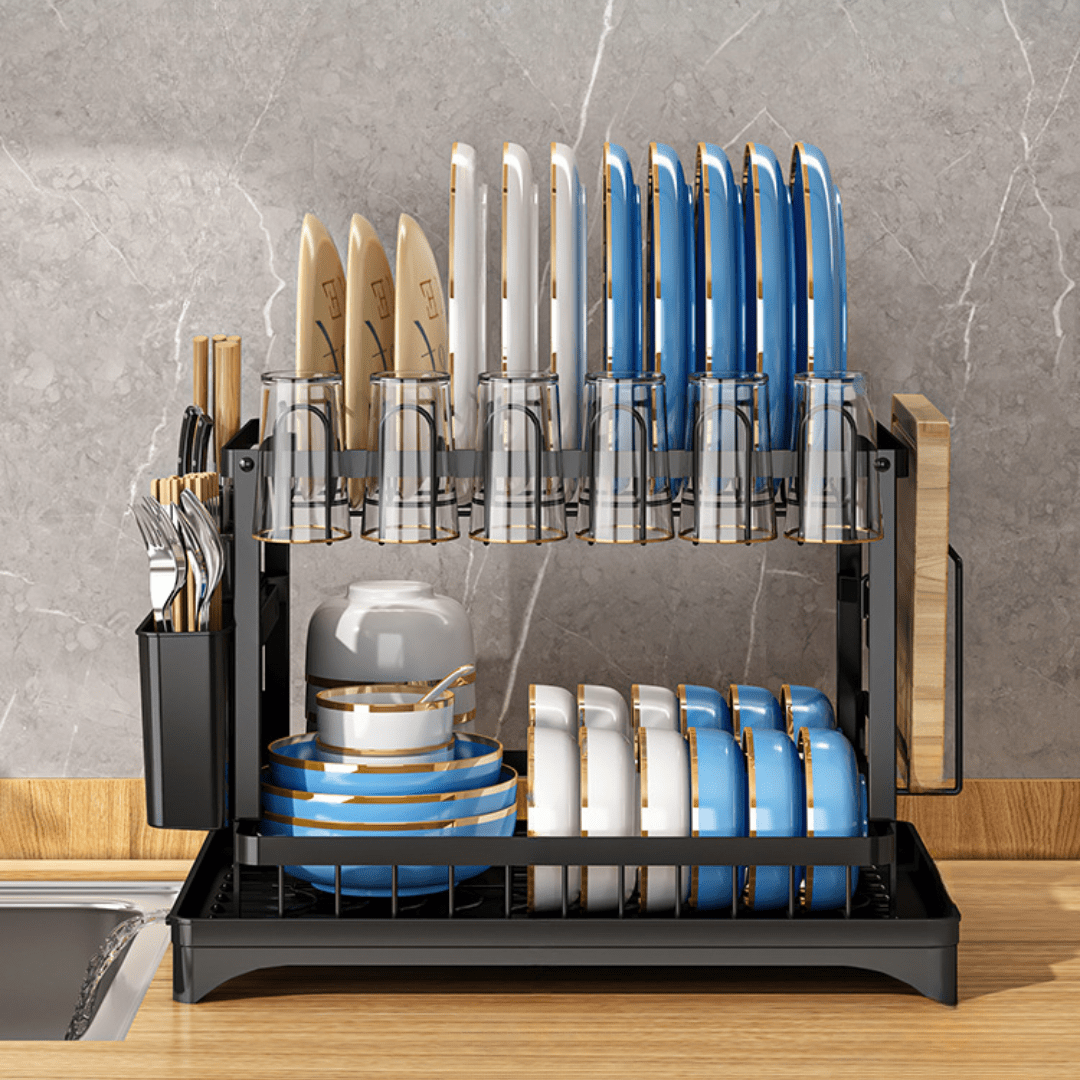 2 Tier Dish Drain Rack with Draining Outlet