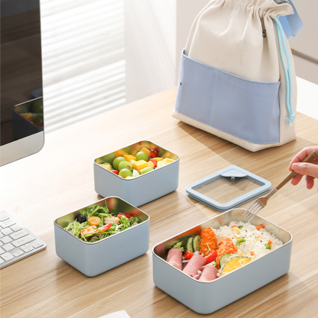 304 Stainless Steel Double Layer Lunch Box with Glass Lid and Bag