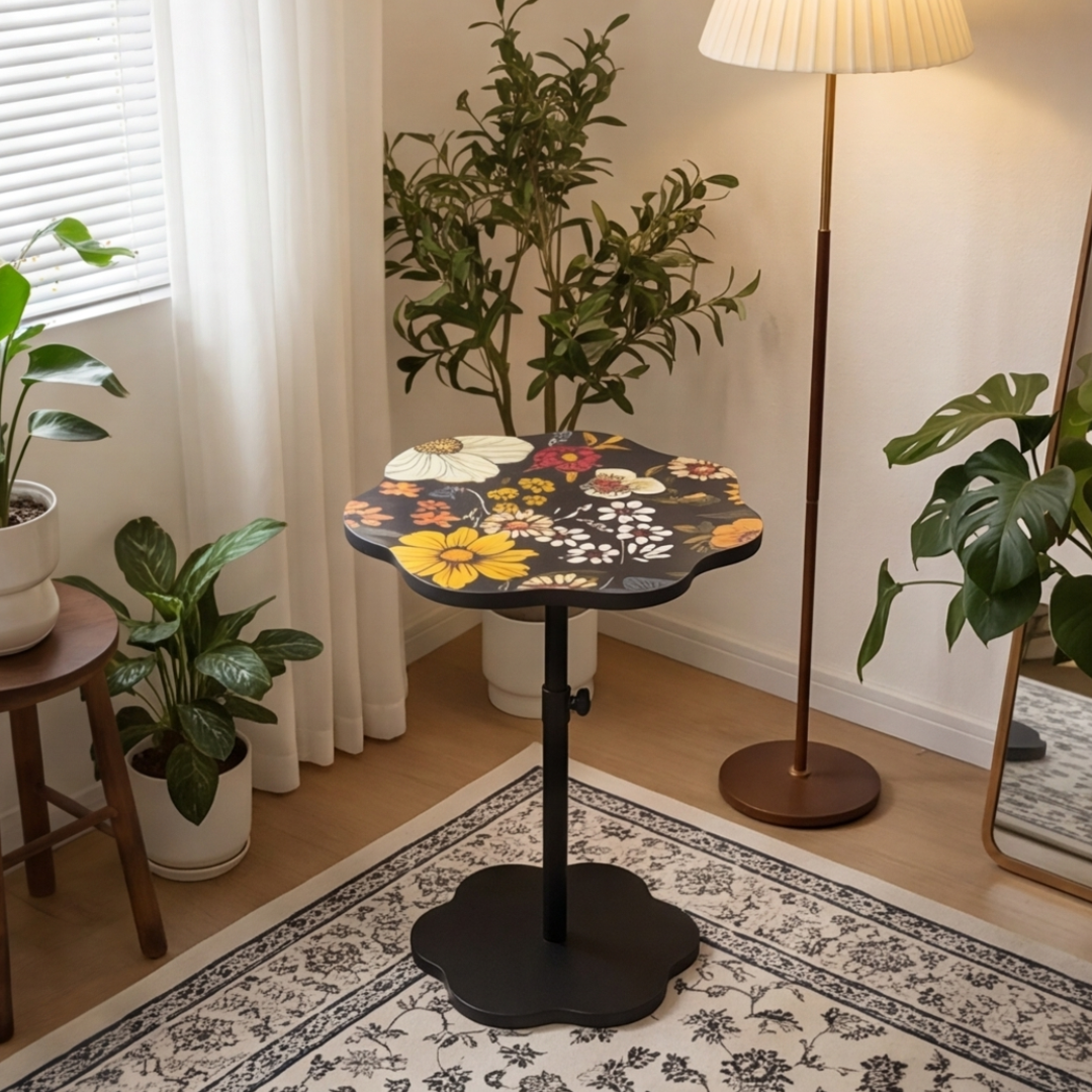 Adjustable Height Metal Floral Design Side Table