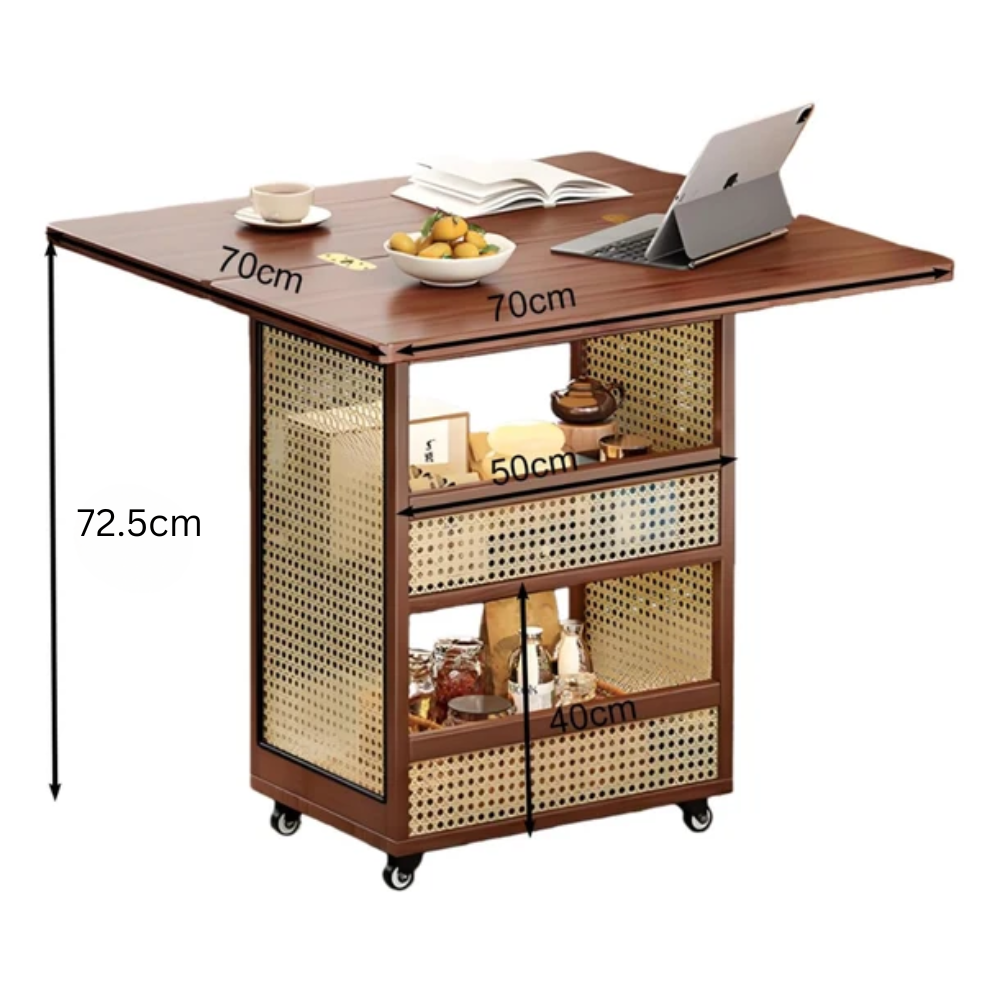 Foldable Rattan Stye Wooden Table With Storage Shelves