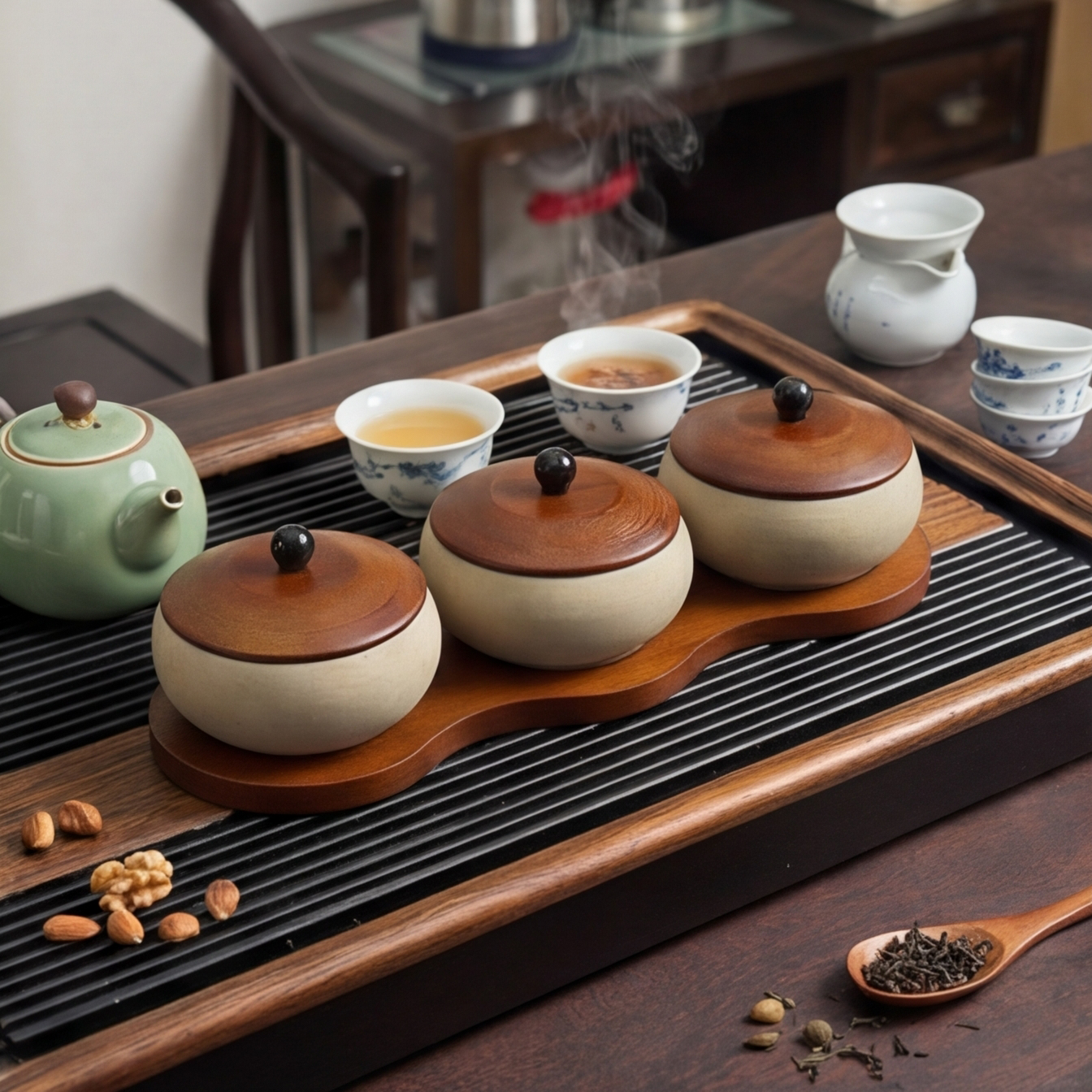 Antique Wooden Snack Plate with Rough Pottery Bowls and Lids