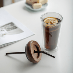 Double Layer Borosilicate Glass Straw Cup with Wooden Lid(500ml)