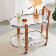 2-Tier Tempered Glass Rolling Cart with Wood Handle and Wheels