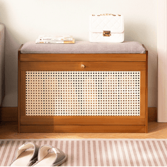 Double-Layer Bamboo Wooden Shoe Organizer Bench with Cushion Seat (70cm)