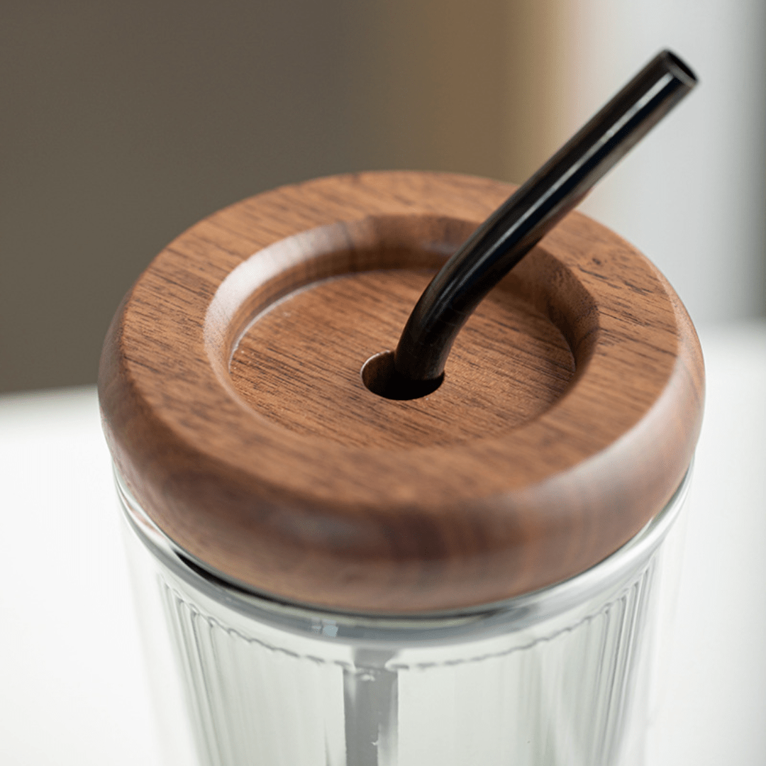 Double Layer Borosilicate Glass Straw Cup with Wooden Lid(500ml)