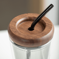 Double Layer Borosilicate Glass Straw Cup with Wooden Lid(500ml)