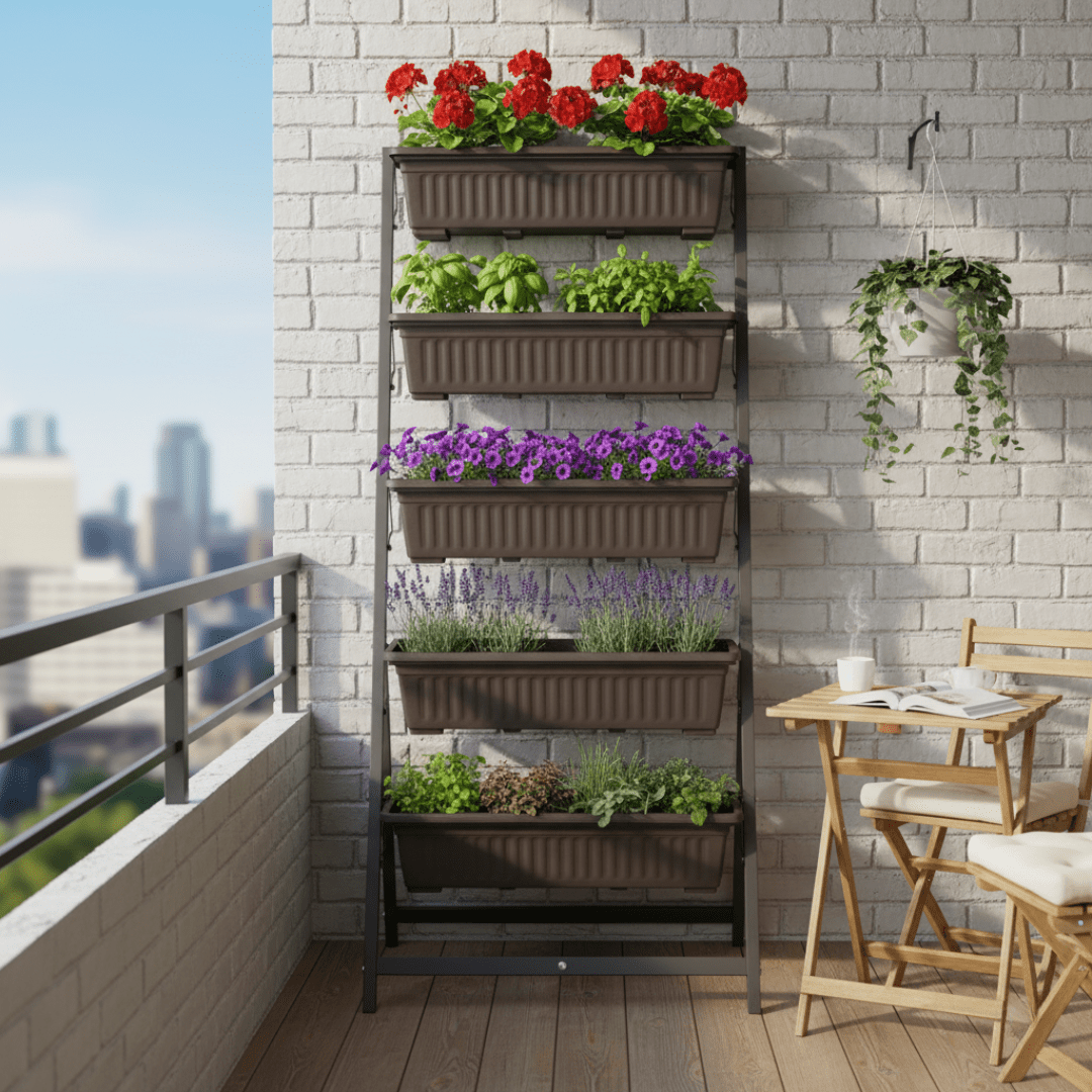 Five Layer Iron Vertical Plant Stand with Plastic Flower Pots