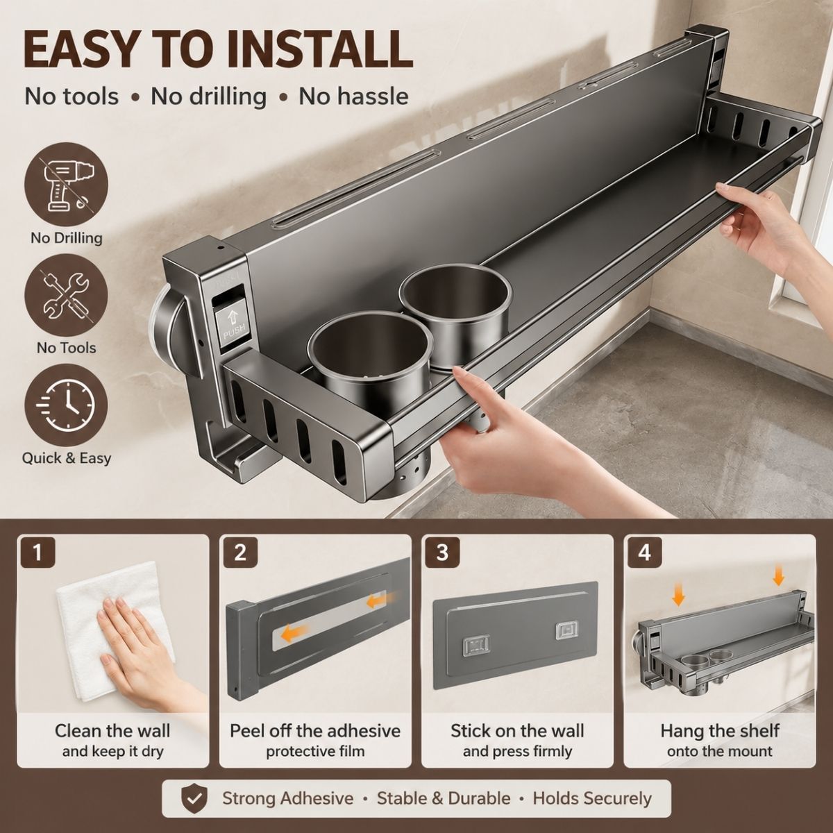Aluminum Alloy Suction Cup Double Rack with Knife Holder