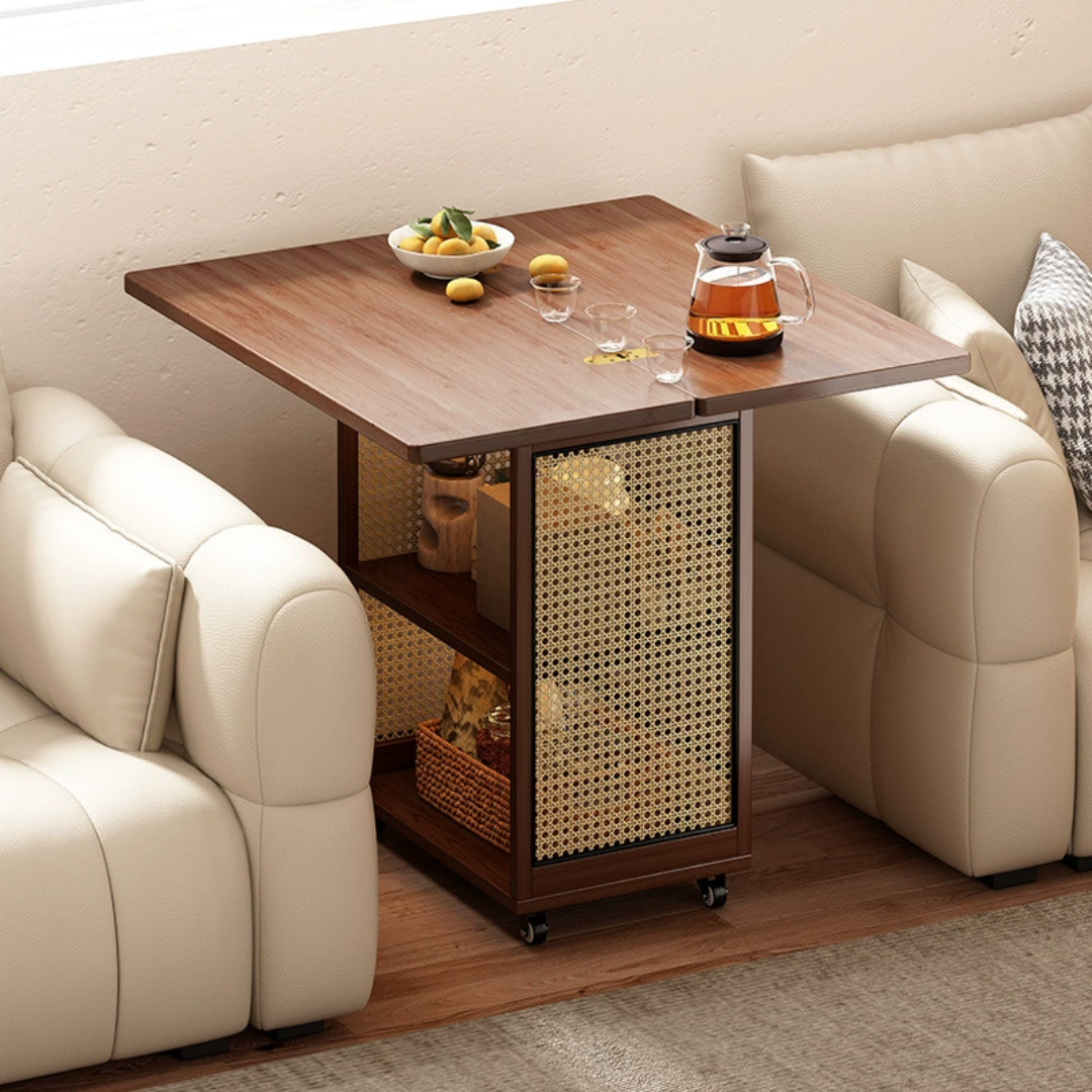 Foldable Rattan Stye Wooden Table With Storage Shelves