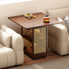 Foldable Rattan Stye Wooden Table With Storage Shelves