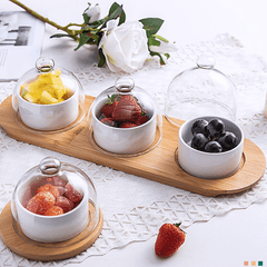 Elegant Ceramic Bowl Set with Glass Lid and Bamboo Tray