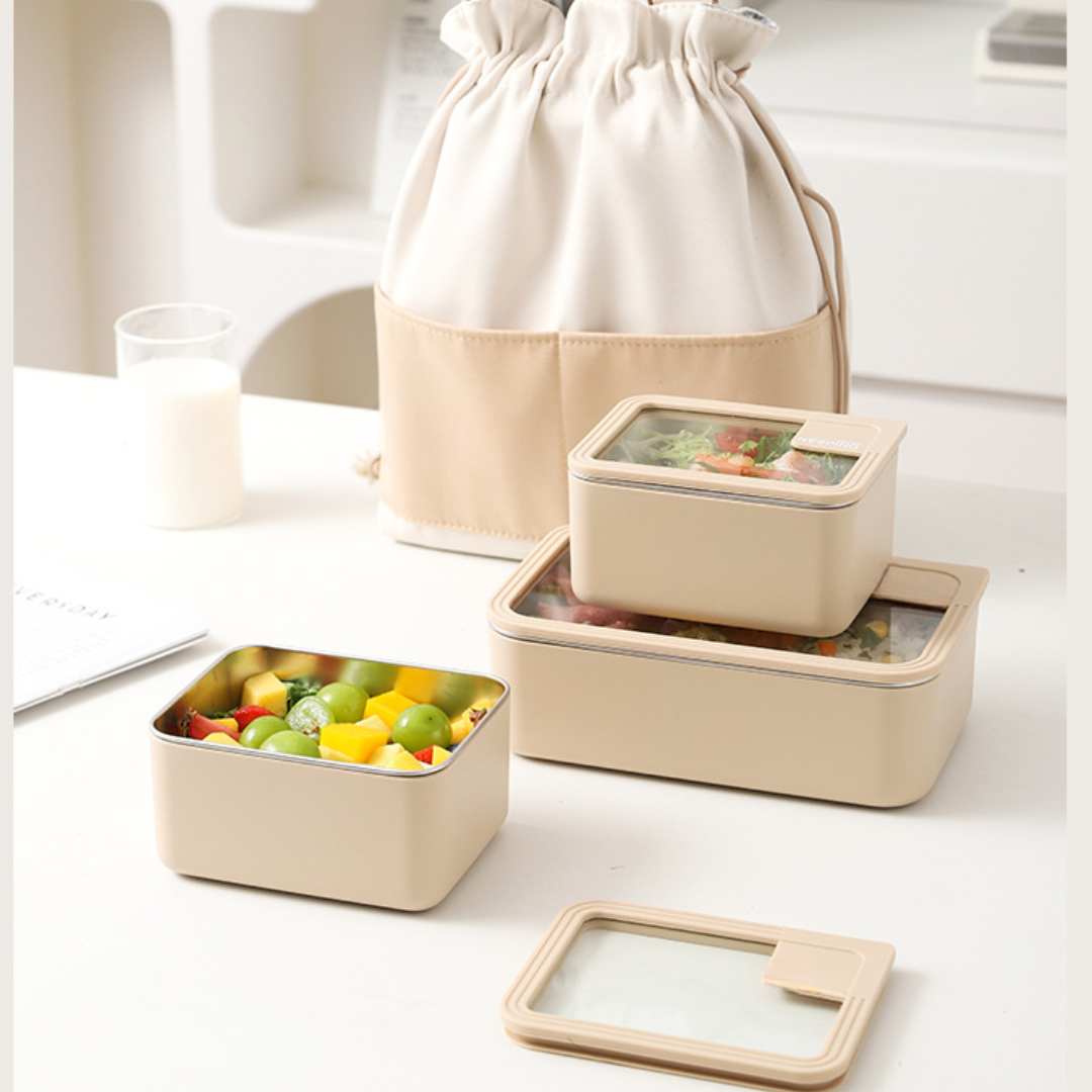 304 Stainless Steel Double Layer Lunch Box with Glass Lid and Bag
