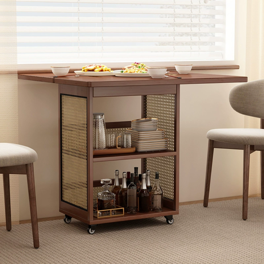 Foldable Rattan Stye Wooden Table With Storage Shelves