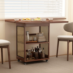 Foldable Rattan Stye Wooden Table With Storage Shelves