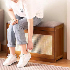 Double-Layer Bamboo Wooden Shoe Organizer Bench with Cushion Seat (70cm)