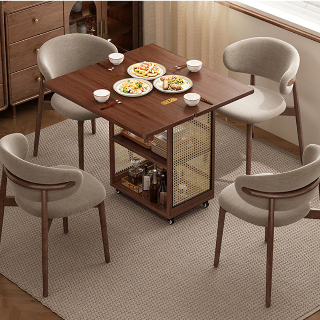 Foldable Rattan Stye Wooden Table With Storage Shelves